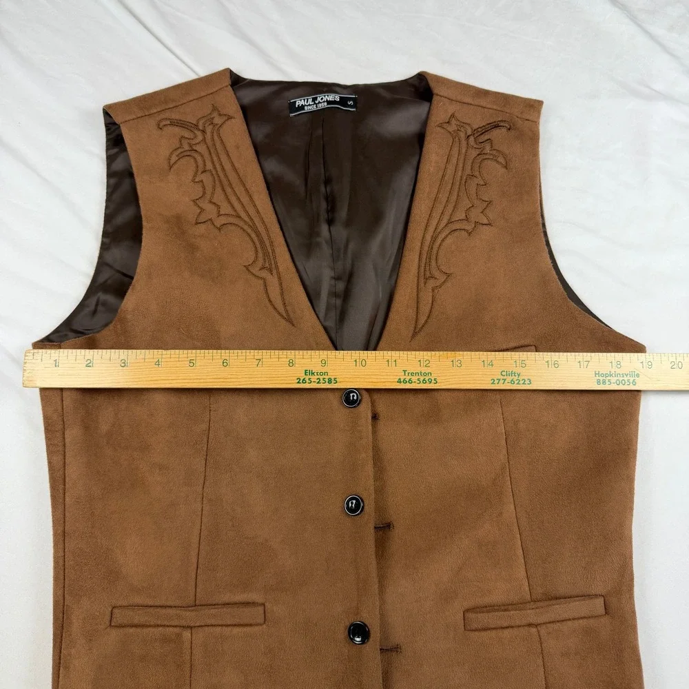 Paul Jones Mens Brown Faux Suede Western Vest Embroidered Cowboy Waistcoat Small